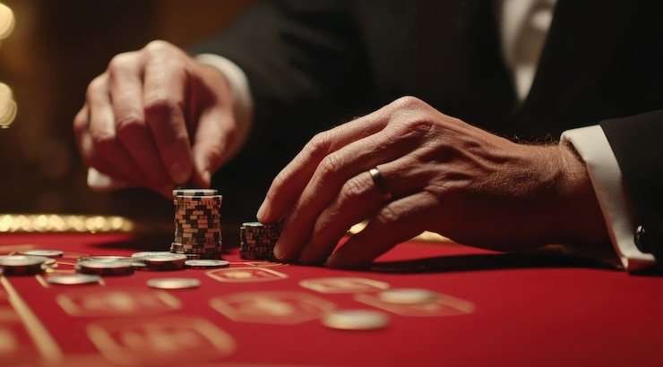 Roulette table with spinning wheel and betting grid